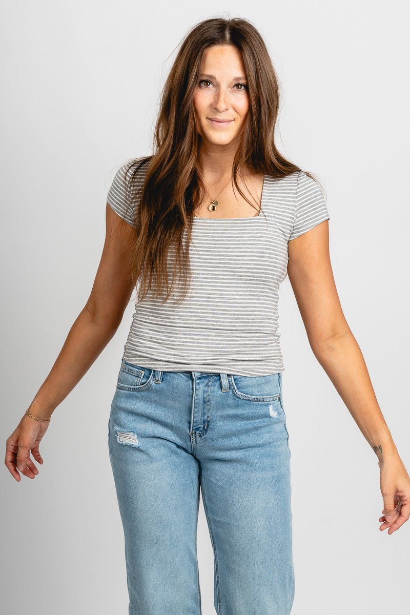 Square neck short sleeve top heather grey