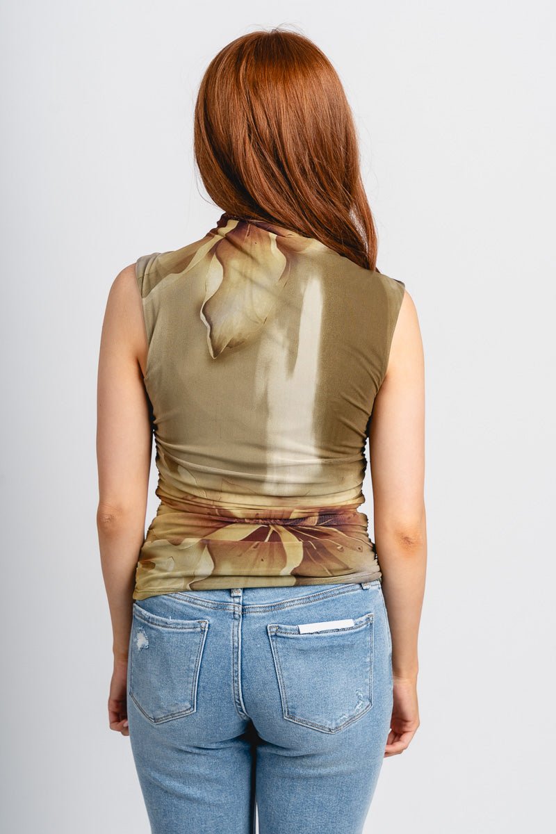 High neck mesh sleeveless top olive