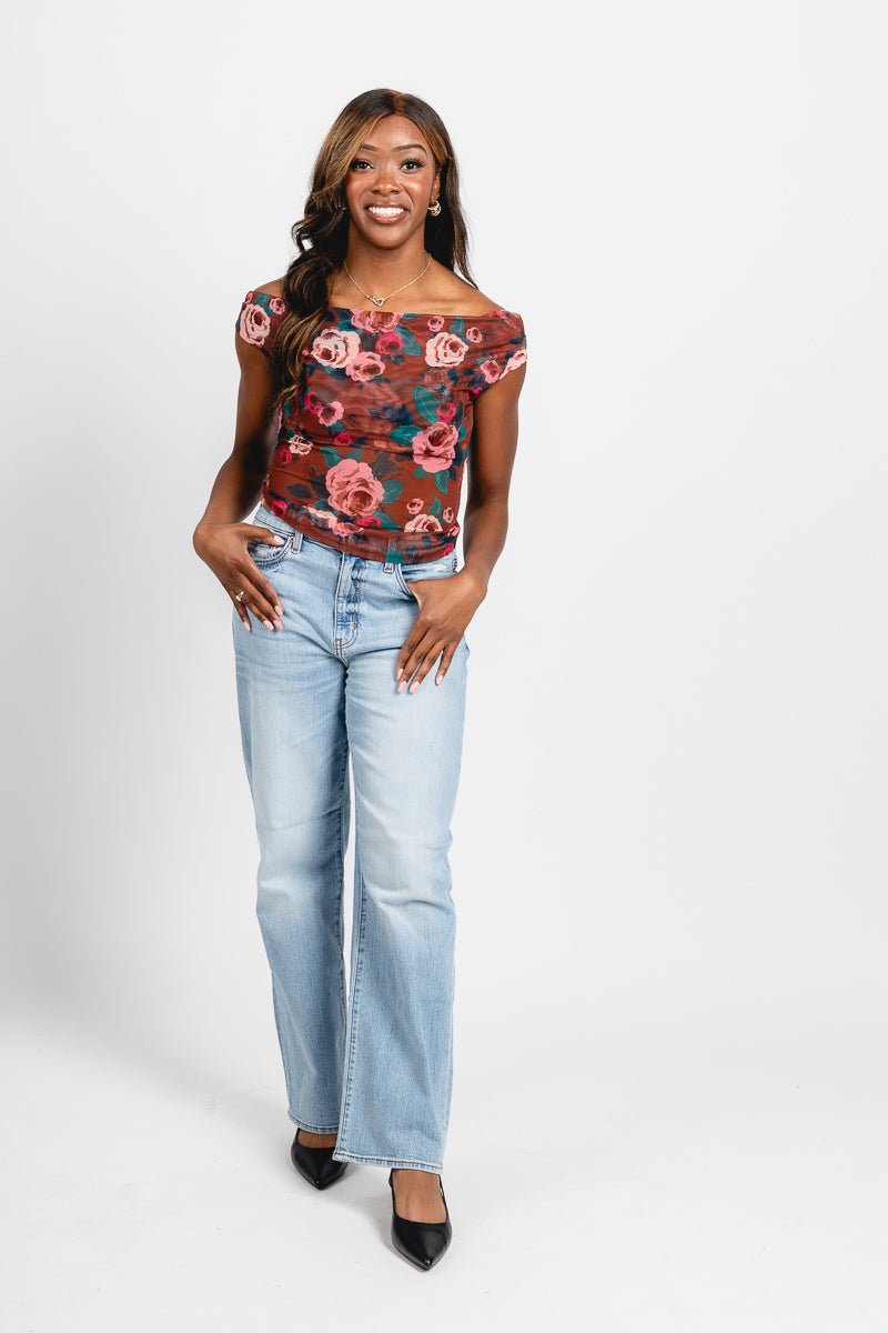 Floral mesh cowl neck top brown