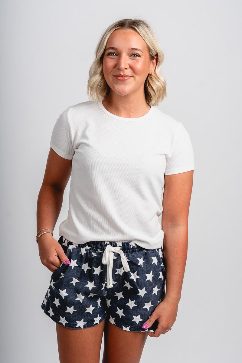 Drawstring star shorts navy/white - Stylish Shorts - Trendy American Summer Fashion at Lush Fashion Lounge Boutique in Oklahoma