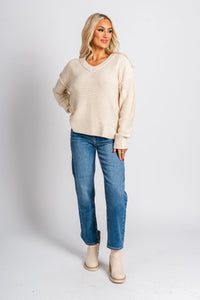 V-neck chunky sweater cream - Trendy Sweaters | Cute Pullover Sweaters at Lush Fashion Lounge Boutique in Oklahoma City