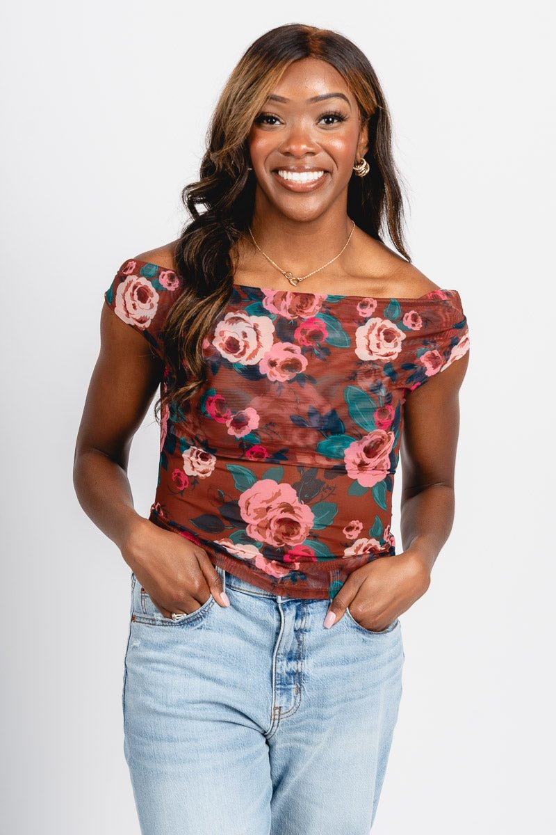 Floral mesh cowl neck top brown