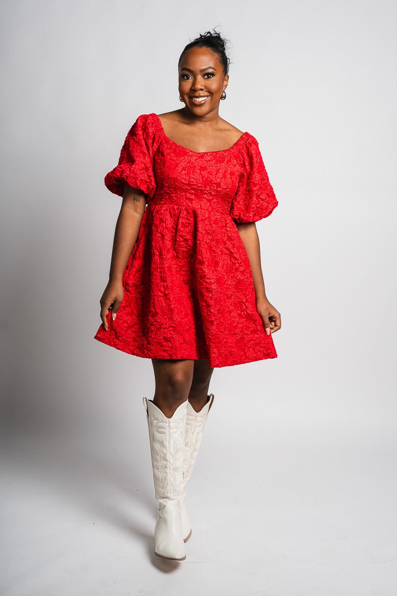 Floral puff sleeve dress red - Trendy dress - Fashion Dresses at Lush Fashion Lounge Boutique in Oklahoma City