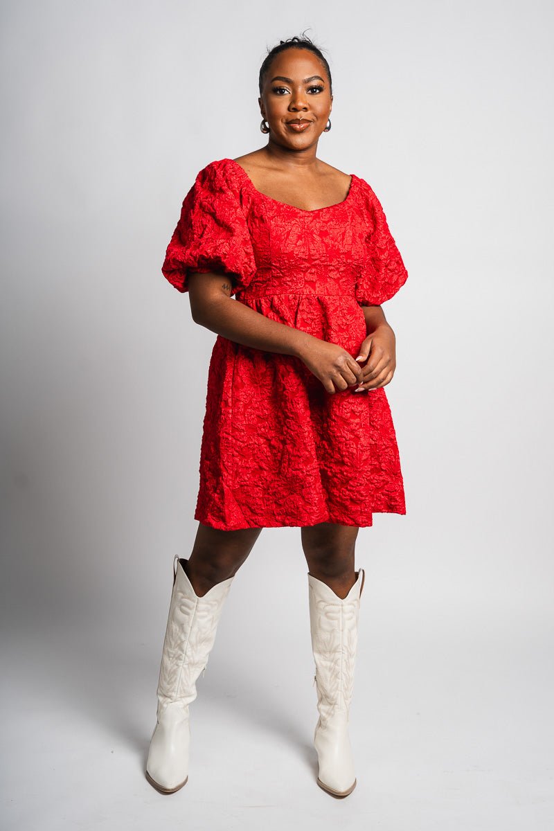 Floral puff sleeve dress red