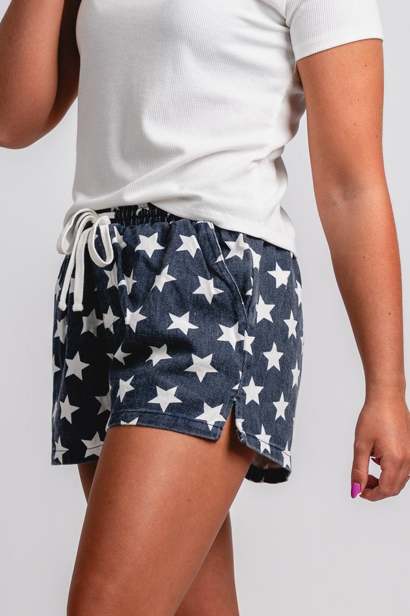 Drawstring star shorts navy/white - Trendy Shorts - Cute American Summer Collection at Lush Fashion Lounge Boutique in Oklahoma City