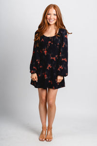 Floral square neck mini dress black Stylish dress - Womens Fashion Dresses at Lush Fashion Lounge Boutique in Oklahoma City