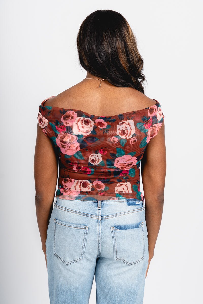 Floral mesh cowl neck top brown