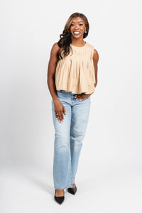 Pleated tank top taupe - Trendy top - Fashion Tank Tops at Lush Fashion Lounge Boutique in Oklahoma City
