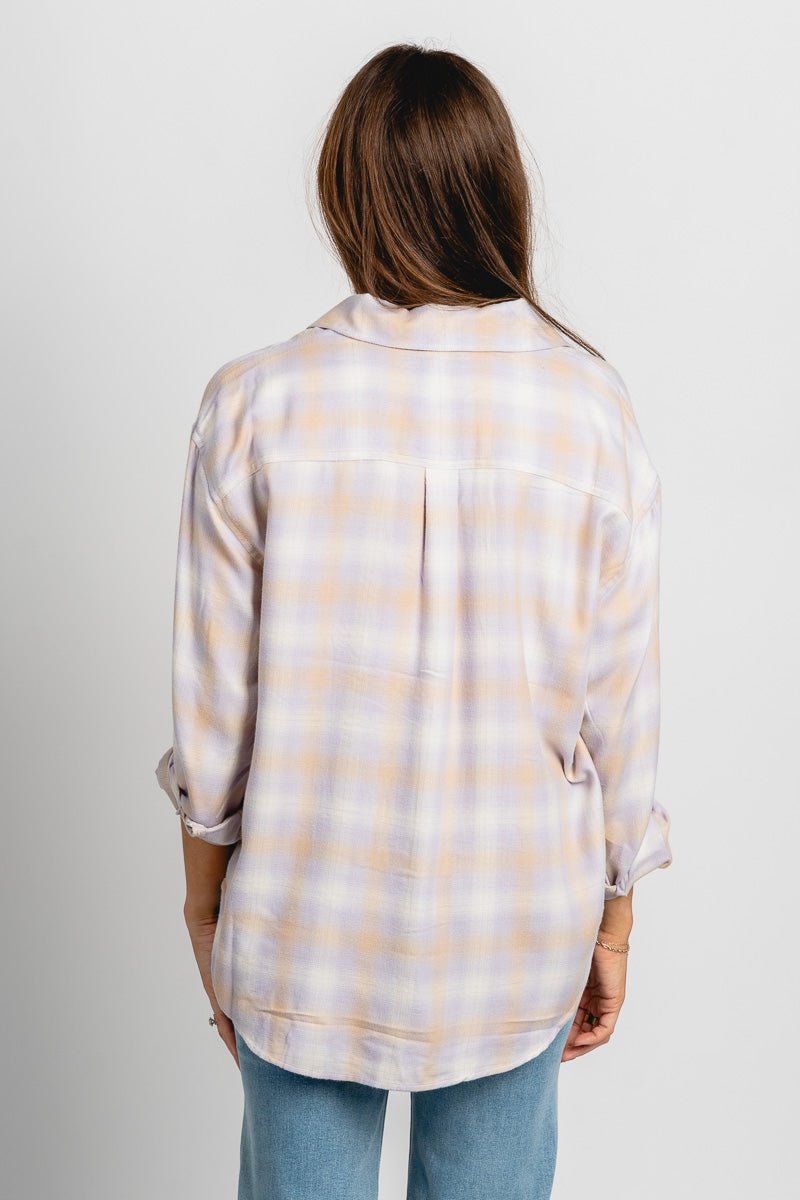 Z Supply river plaid button up top lavender ice - Z Supply top - Z Supply Fashion at Lush Fashion Lounge Trendy Boutique Oklahoma City