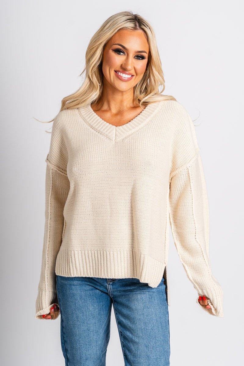 V-neck chunky sweater cream – Stylish Sweaters | Boutique Sweaters at Lush Fashion Lounge Boutique in Oklahoma City