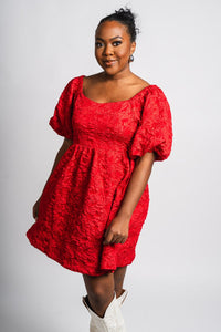 Floral puff sleeve dress red - Affordable dress - Boutique Dresses at Lush Fashion Lounge Boutique in Oklahoma City