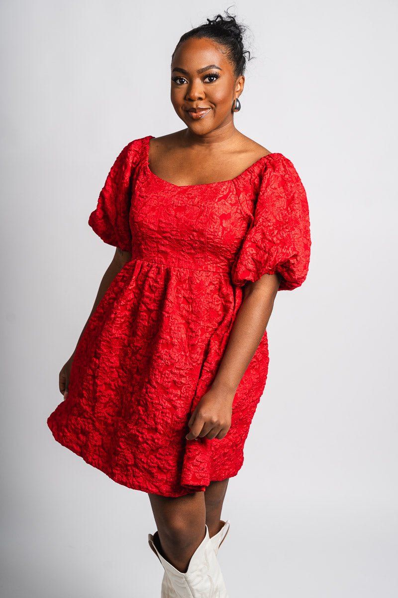 Floral puff sleeve dress red - Affordable dress - Boutique Dresses at Lush Fashion Lounge Boutique in Oklahoma City