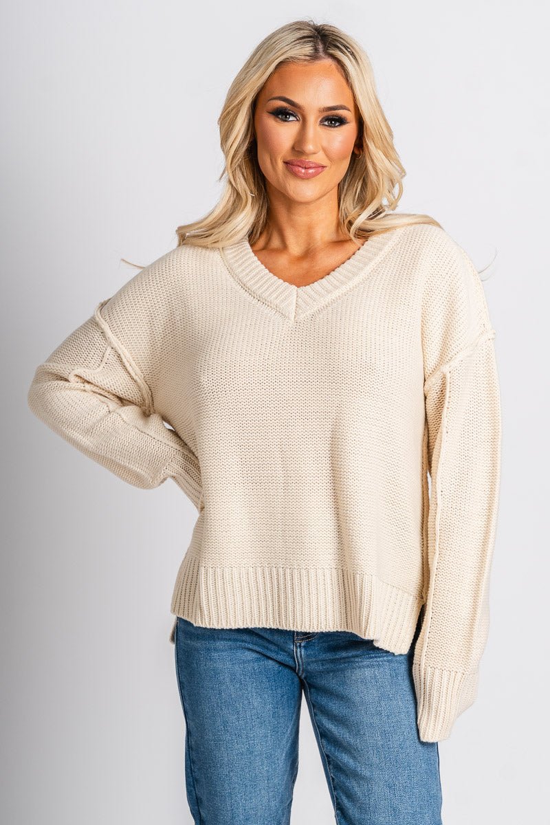 V-neck chunky sweater cream – Boutique Sweaters | Fashionable Sweaters at Lush Fashion Lounge Boutique in Oklahoma City