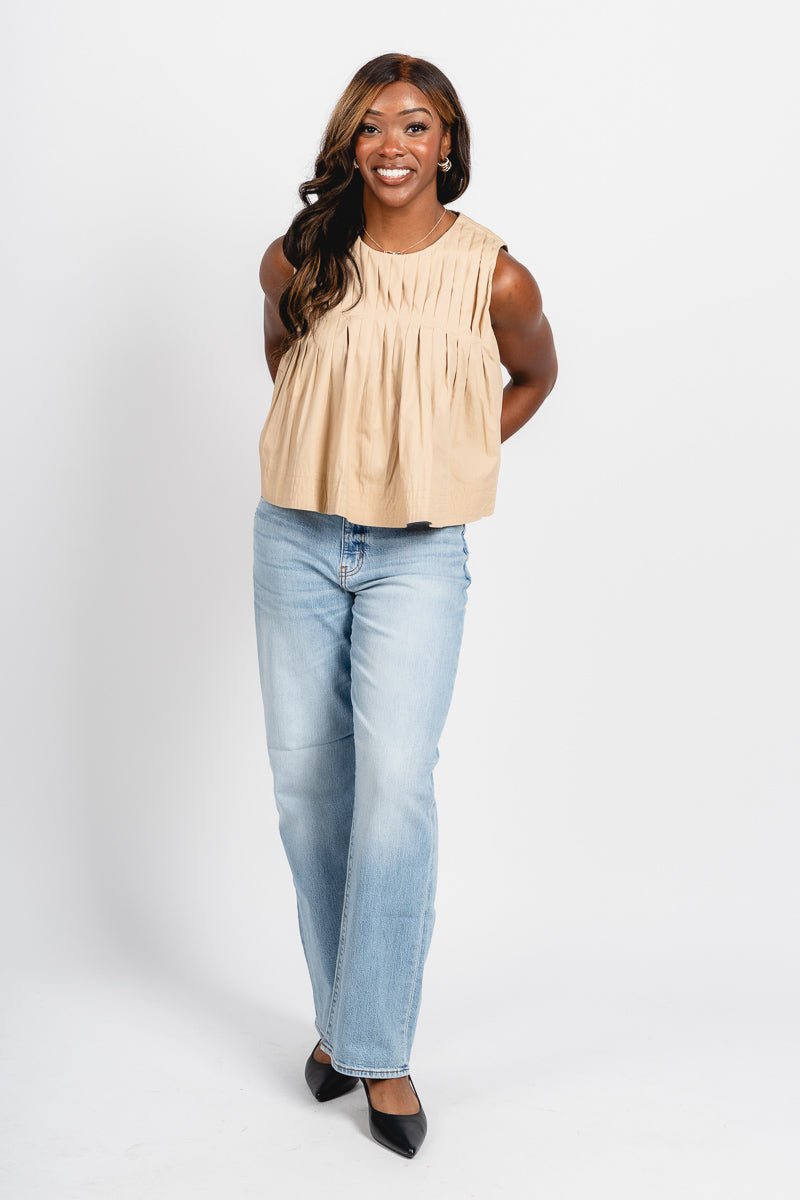 Pleated tank top taupe Stylish top - Womens Fashion Tank Tops at Lush Fashion Lounge Boutique in Oklahoma City