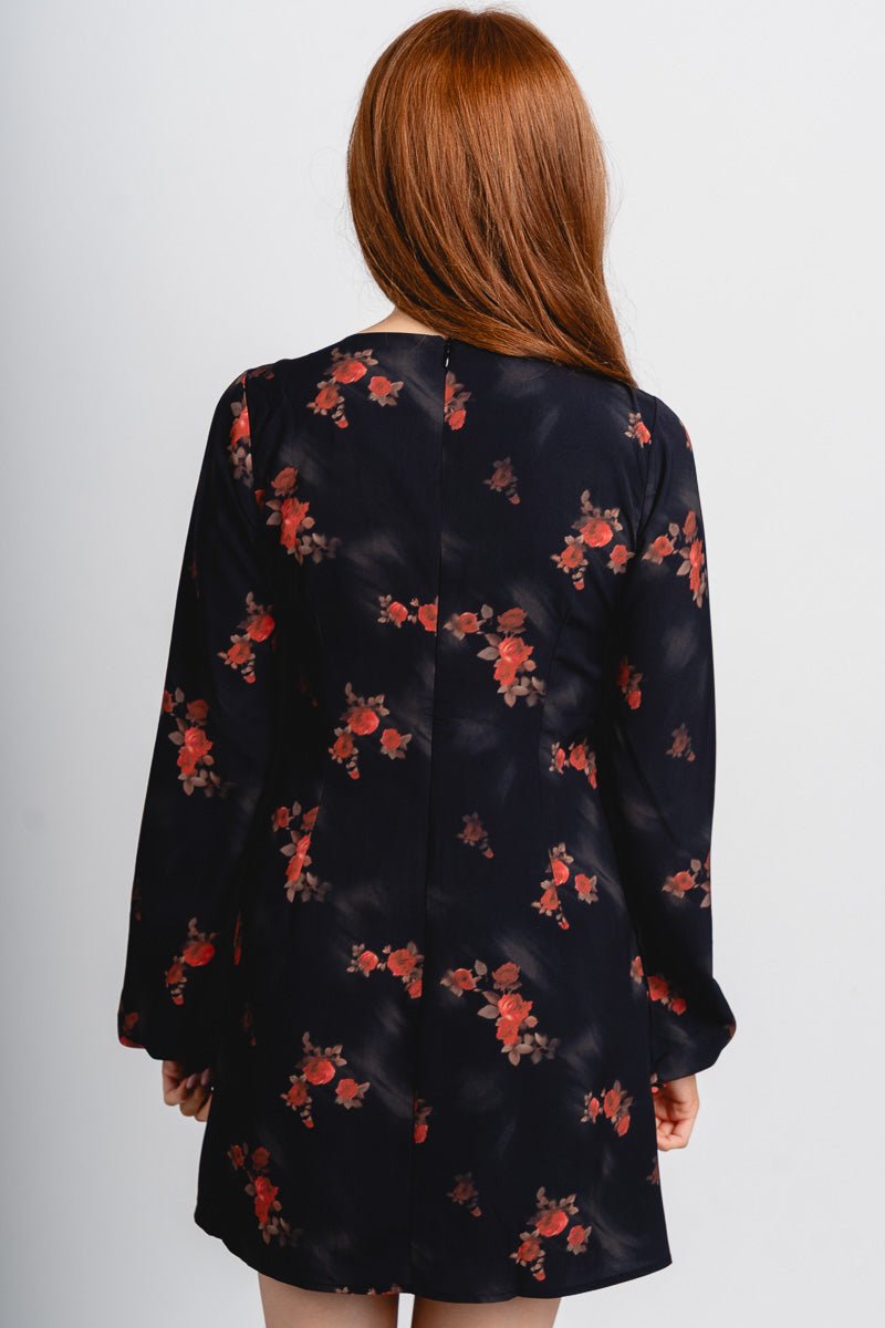 Floral square neck mini dress black