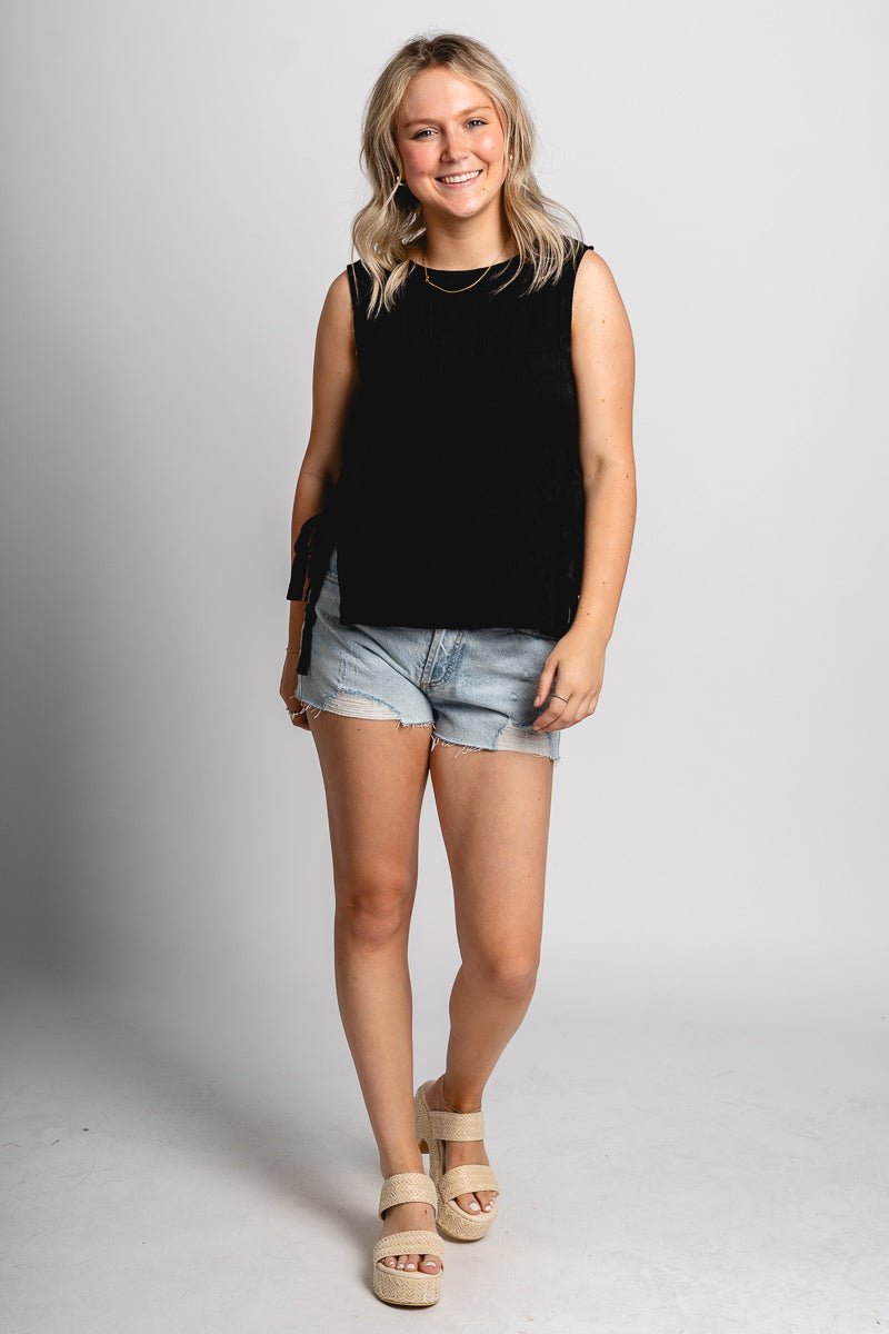 Side tie tank top black Stylish top - Womens Fashion Tank Tops at Lush Fashion Lounge Boutique in Oklahoma City