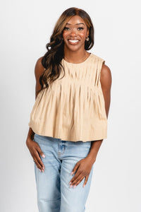 Pleated tank top taupe - Cute top - Trendy Tank Tops at Lush Fashion Lounge Boutique in Oklahoma City