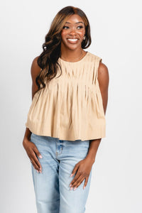Pleated tank top taupe - Affordable top - Boutique Tank Tops at Lush Fashion Lounge Boutique in Oklahoma City