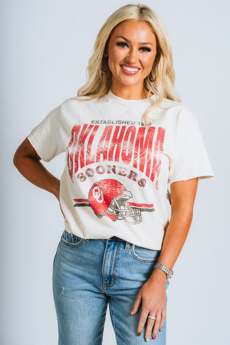 OU OU Sooners established helmet thrifted t-shirt off white T-shirt | Lush Fashion Lounge Trendy Oklahoma University Sooners Apparel & Cute Gameday T-Shirts