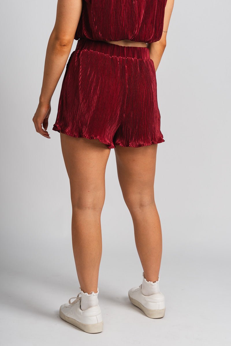 Pleated shorts maroon Stylish Shorts - Womens Fashion Shorts at Lush Fashion Lounge Boutique in Oklahoma City