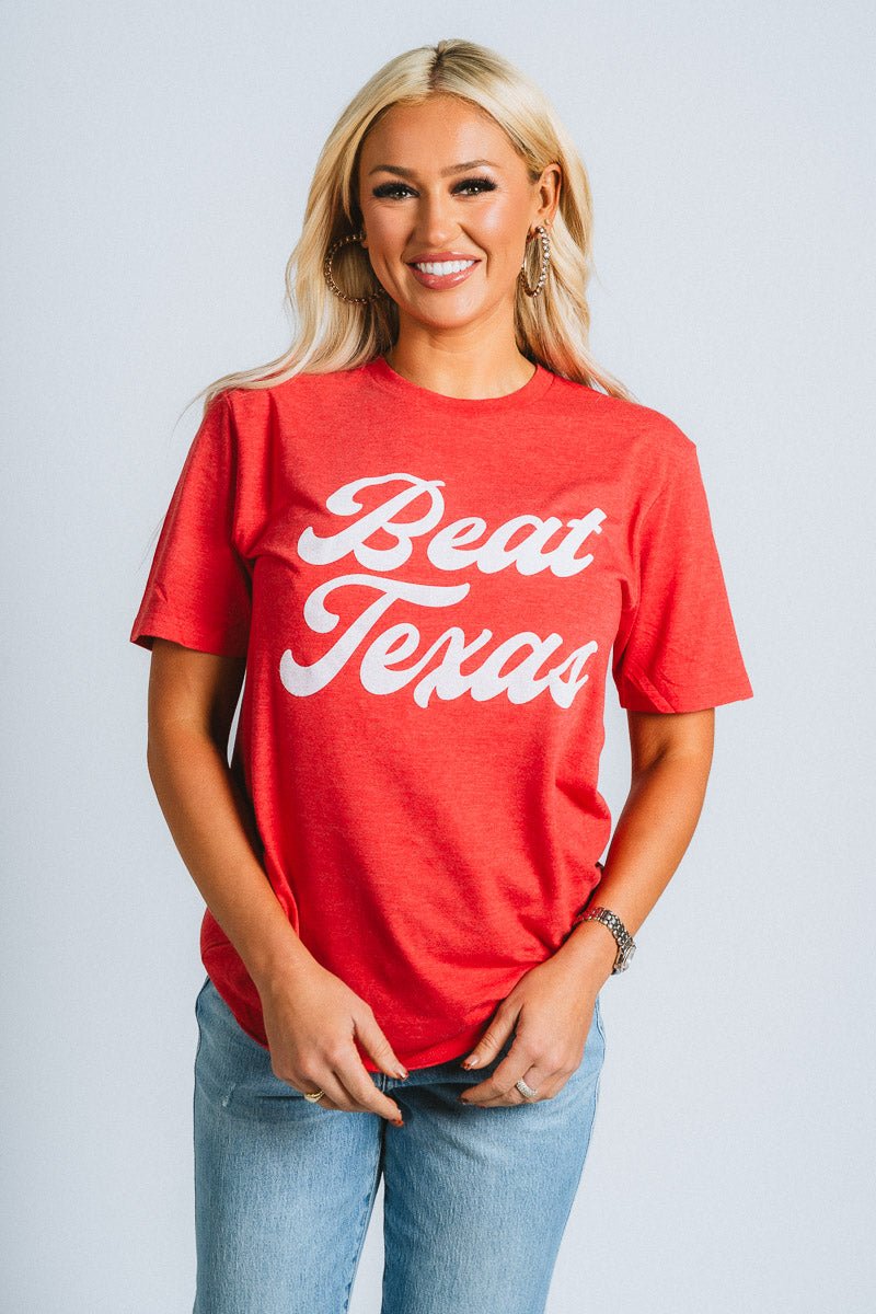 OU Beat Texas unisex t-shirt red T-shirt | Lush Fashion Lounge Trendy Oklahoma University Sooners Apparel & Cute Gameday T-Shirts