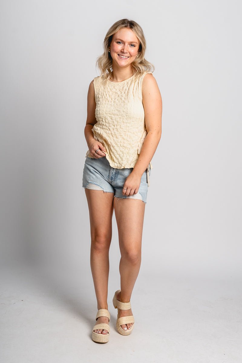Side tie tank top custard cream Stylish top - Womens Fashion Tank Tops at Lush Fashion Lounge Boutique in Oklahoma City