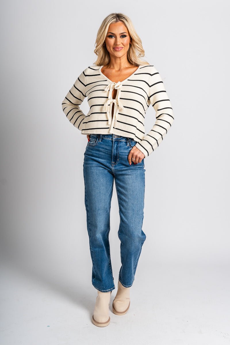 Striped tie front sweater white/black – Unique Sweaters | Lounging Sweaters and Womens Fashion Sweaters at Lush Fashion Lounge Boutique in Oklahoma City