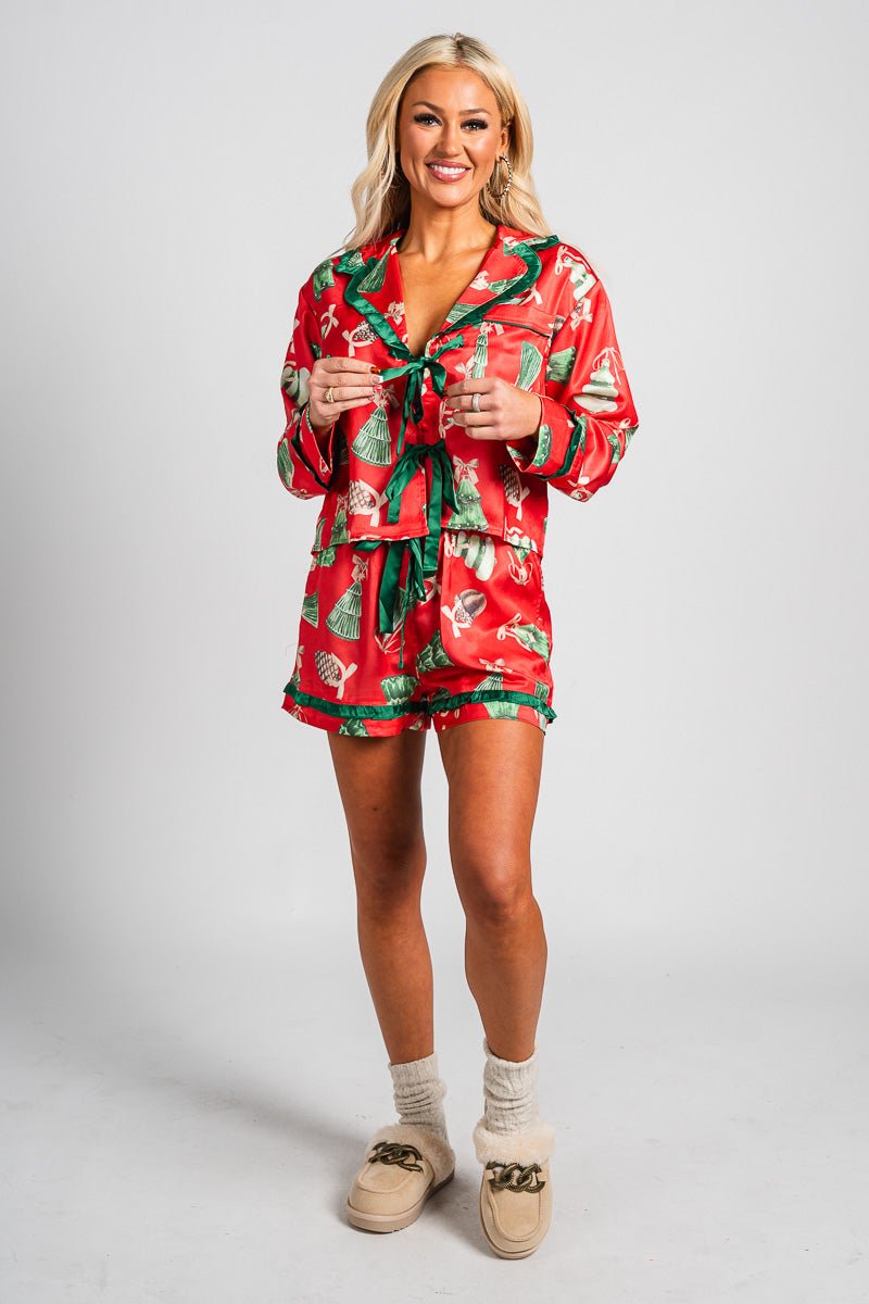 Christmas ornament satin top red - Stylish top - Trendy Lounge Sets at Lush Fashion Lounge Boutique in Oklahoma City