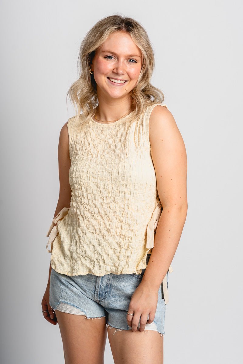 Side tie tank top custard cream - Affordable top - Boutique Tank Tops at Lush Fashion Lounge Boutique in Oklahoma City