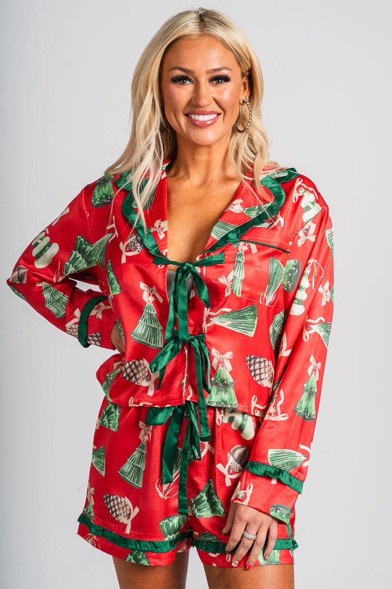 Christmas ornament satin top red - Adorable top - Stylish Comfortable Outfits at Lush Fashion Lounge Boutique in OKC