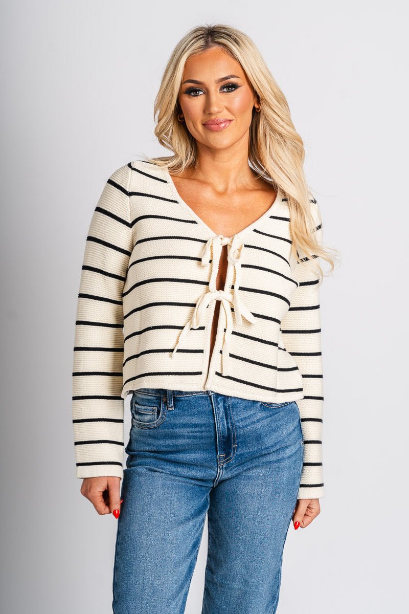 Striped tie front sweater white/black – Stylish Sweaters | Boutique Sweaters at Lush Fashion Lounge Boutique in Oklahoma City