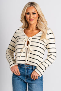 Striped tie front sweater white/black – Boutique Sweaters | Fashionable Sweaters at Lush Fashion Lounge Boutique in Oklahoma City