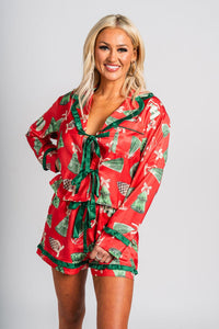 Christmas ornament satin top red - Cute top - Fun Cozy Basics at Lush Fashion Lounge Boutique in Oklahoma City