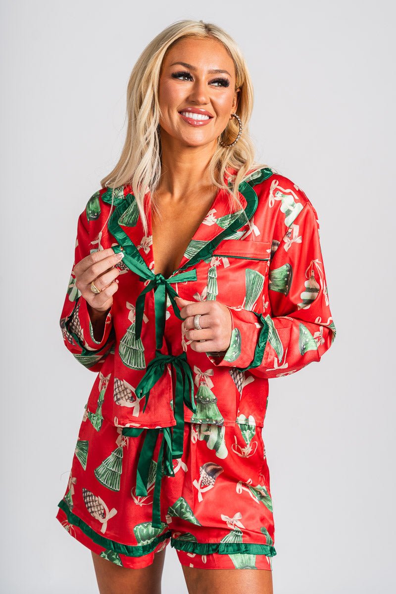 Christmas ornament satin top red - Trendy top - Cute Loungewear Collection at Lush Fashion Lounge Boutique in Oklahoma City