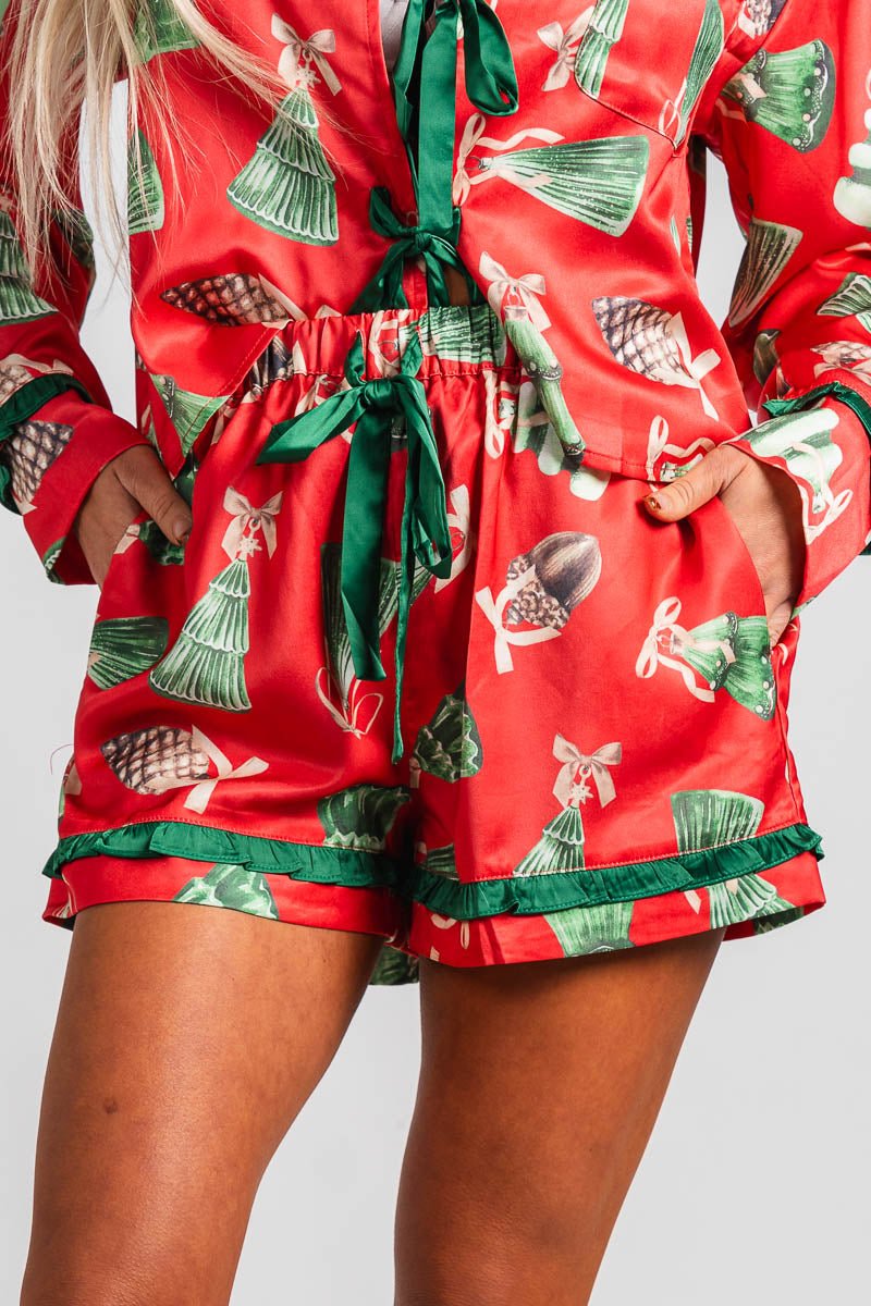 Christmas ornament satin shorts red - Trendy Shorts - Cute Loungewear Collection at Lush Fashion Lounge Boutique in Oklahoma City