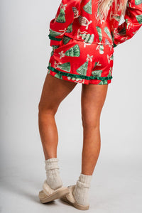 Christmas ornament satin shorts red - Adorable Shorts - Stylish Comfortable Outfits at Lush Fashion Lounge Boutique in OKC