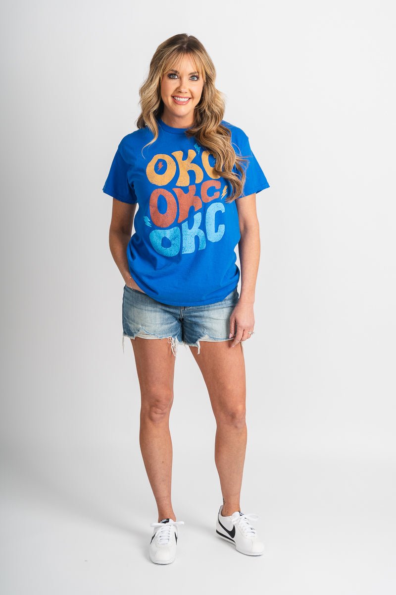 OKC repeater stars thrifted t-shirt blue - Oklahoma City inspired graphic t-shirts at Lush Fashion Lounge Boutique in Oklahoma City