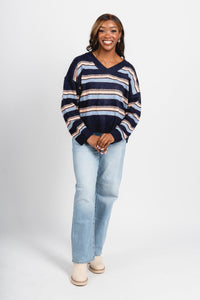 V-neck striped sweater navy multi - Trendy Sweaters | Cute Pullover Sweaters at Lush Fashion Lounge Boutique in Oklahoma City