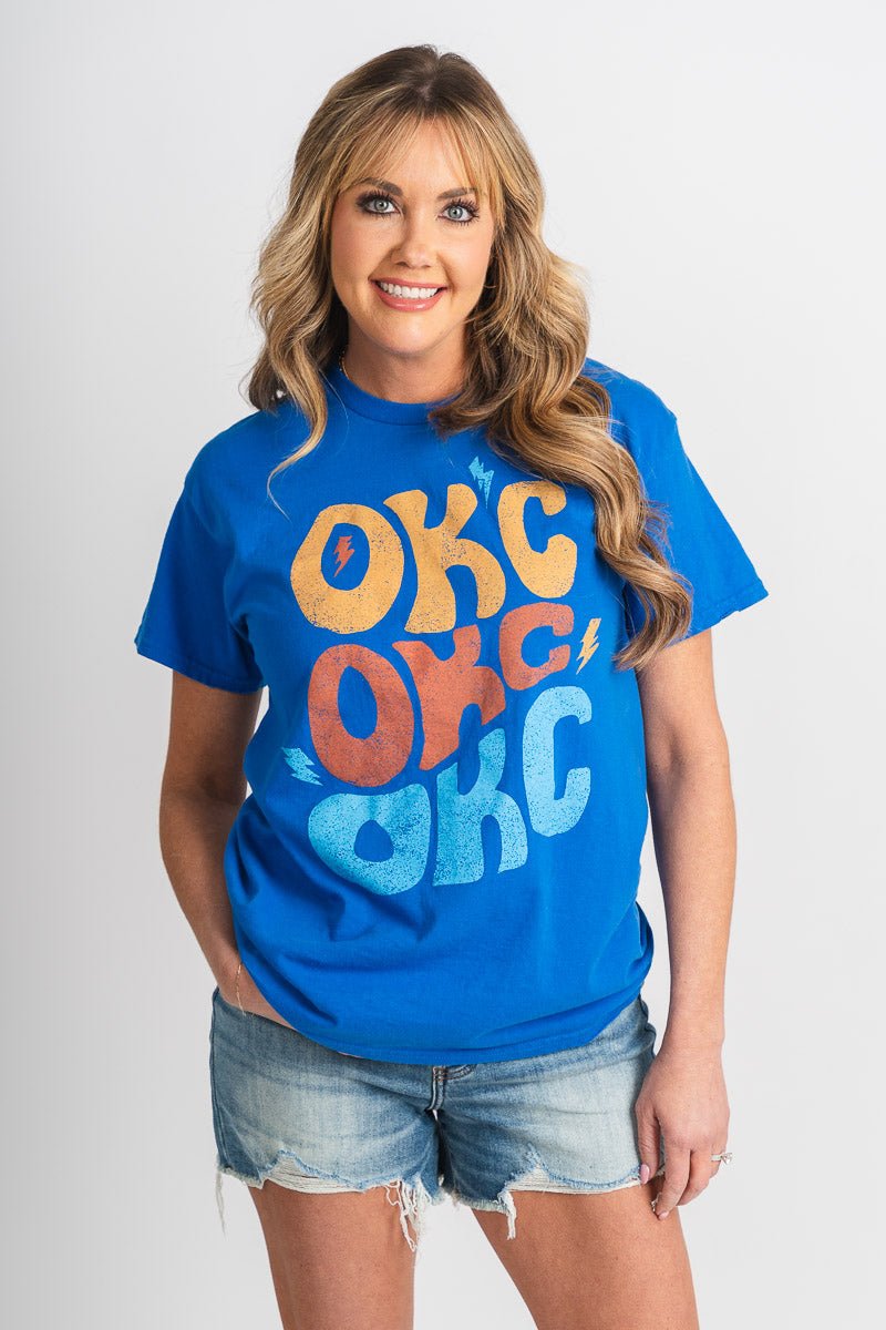 OKC repeater stars thrifted t-shirt blue - Trendy Oklahoma City Basketball T-Shirts Lush Fashion Lounge Boutique in Oklahoma City