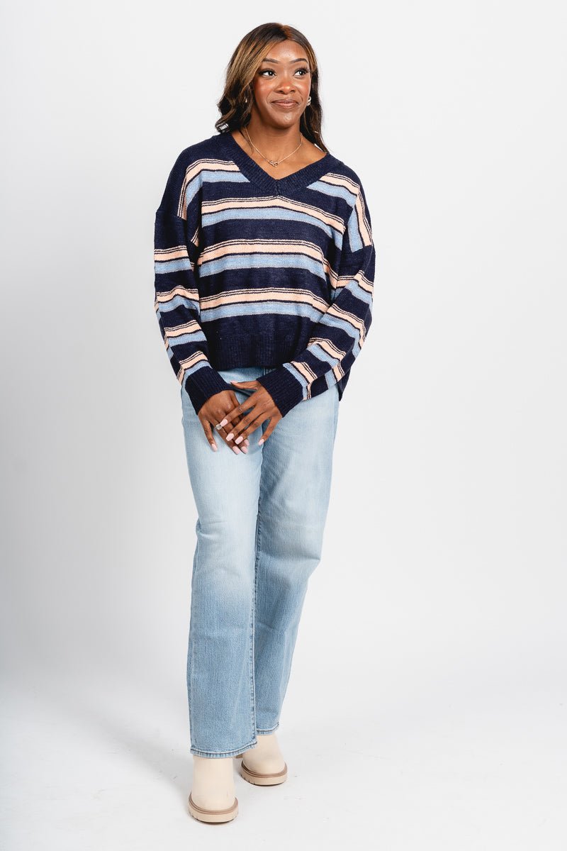 V-neck striped sweater navy multi – Unique Sweaters | Lounging Sweaters and Womens Fashion Sweaters at Lush Fashion Lounge Boutique in Oklahoma City
