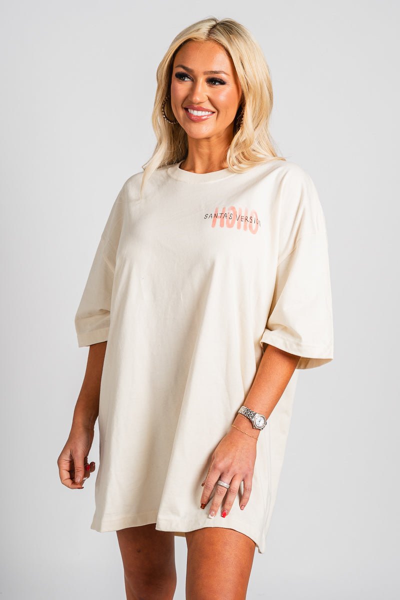 Ho Ho Ho Santa's version oversized t-shirt off white - Trendy Holiday Apparel at Lush Fashion Lounge Boutique in Oklahoma City