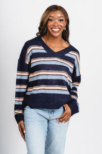 V-neck striped sweater navy multi – Boutique Sweaters | Fashionable Sweaters at Lush Fashion Lounge Boutique in Oklahoma City