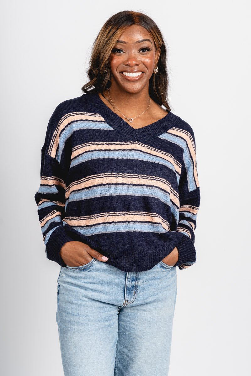V-neck striped sweater navy multi – Stylish Sweaters | Boutique Sweaters at Lush Fashion Lounge Boutique in Oklahoma City