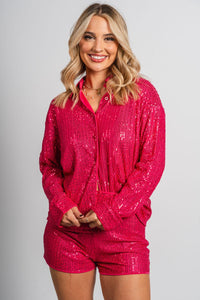 Sequin button up top fuchsia - Trendy New Year's Eve Dresses, Skirts, Kimonos and Sequins at Lush Fashion Lounge Boutique in Oklahoma City