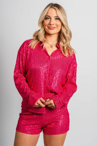 Sequin button up top fuchsia - Trendy New Year's Eve Outfits at Lush Fashion Lounge Boutique in Oklahoma City