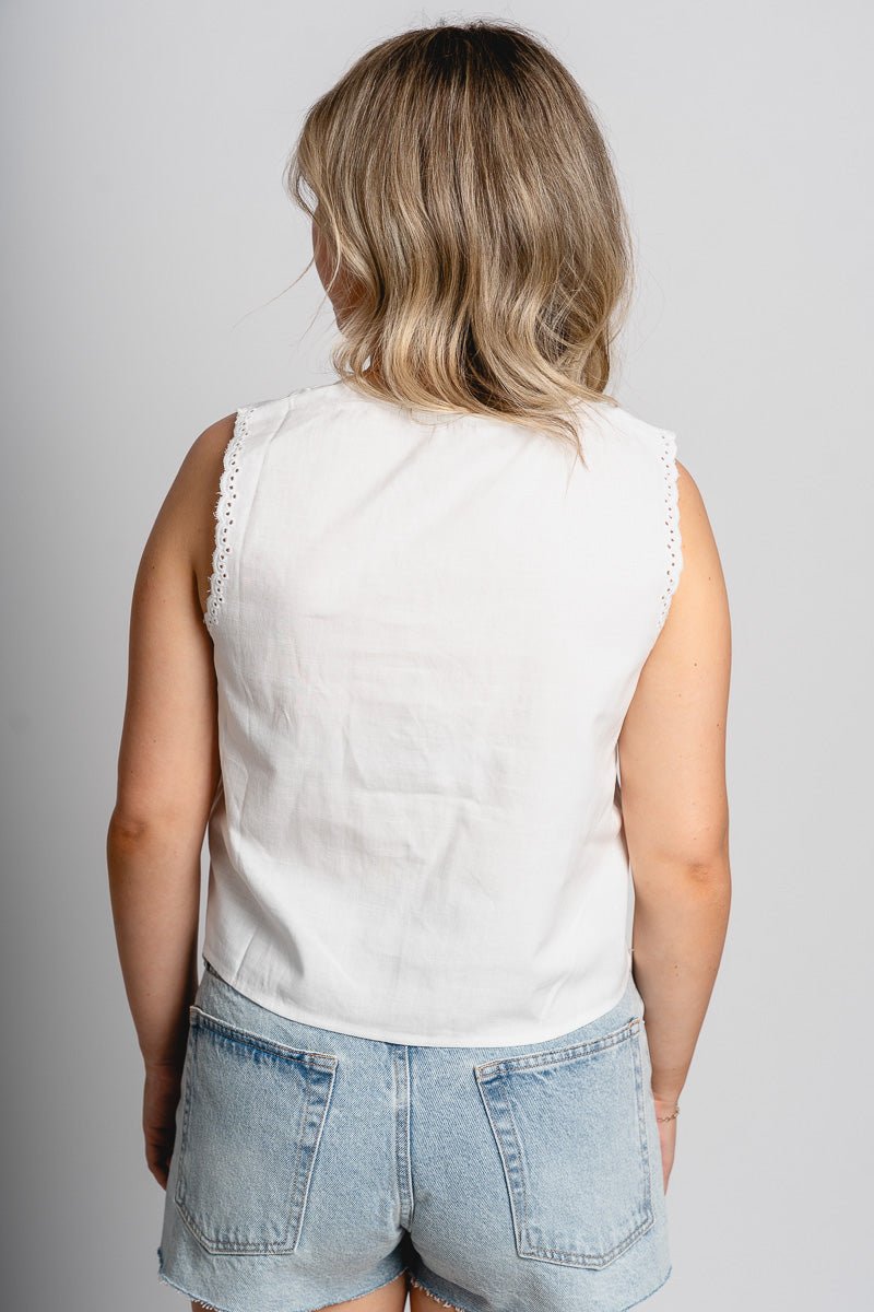 Lace eyelet tie top off white