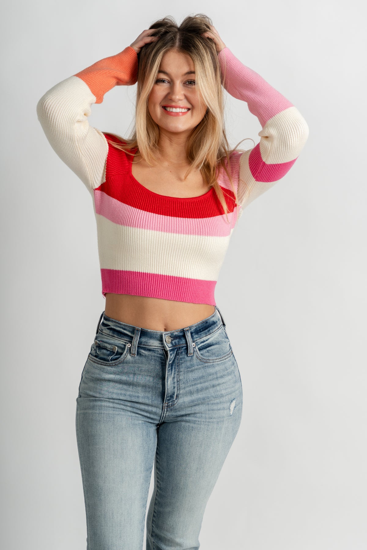 Color block stripe crop sweater red multi - Trendy T-Shirts for Valentine's Day at Lush Fashion Lounge Boutique in Oklahoma City