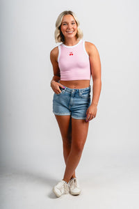 Cherry embroidered micro tank top pink - Trendy tank - Fashion Tank Tops at Lush Fashion Lounge Boutique in Oklahoma City