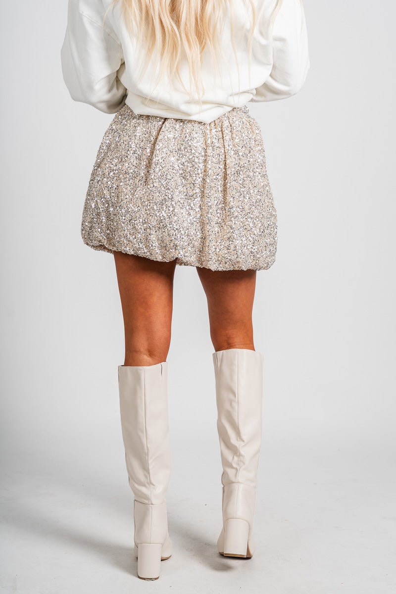 Sequin bubble skirt beige | Lush Fashion Lounge: boutique fashion skirts, affordable boutique skirts, cute affordable skirts