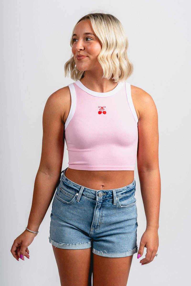 Cherry embroidered micro tank top pink - Affordable tank - Boutique Tank Tops at Lush Fashion Lounge Boutique in Oklahoma City